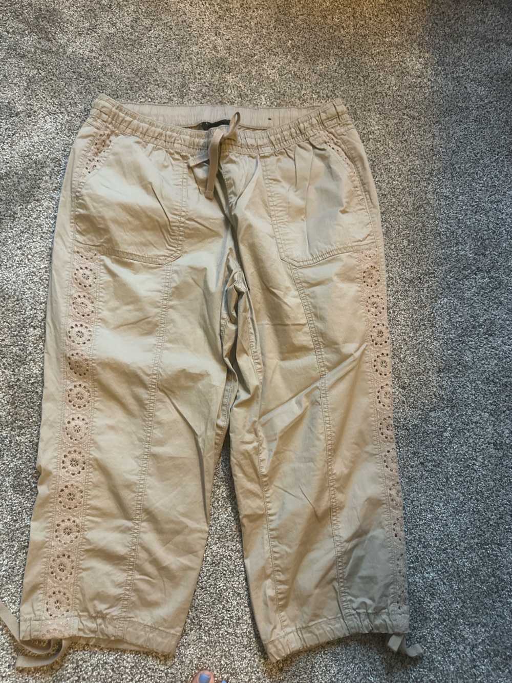 Lane Bryant Beige Cropped Embroidered Eyelet Utility Pants